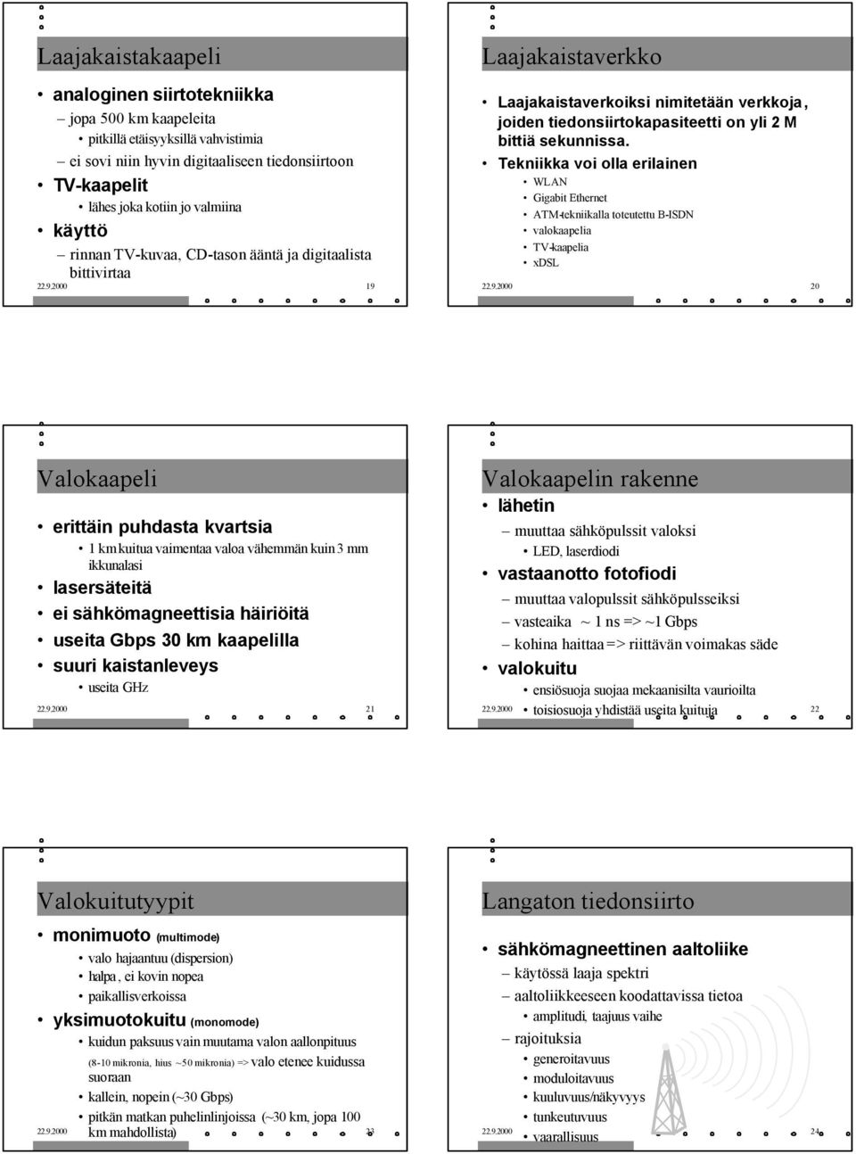 2000 19 Laajakaistaverkko Laajakaistaverkoiksi nimitetään verkkoja, joiden tiedonsiirtokapasiteetti on yli 2 M bittiä sekunnissa.
