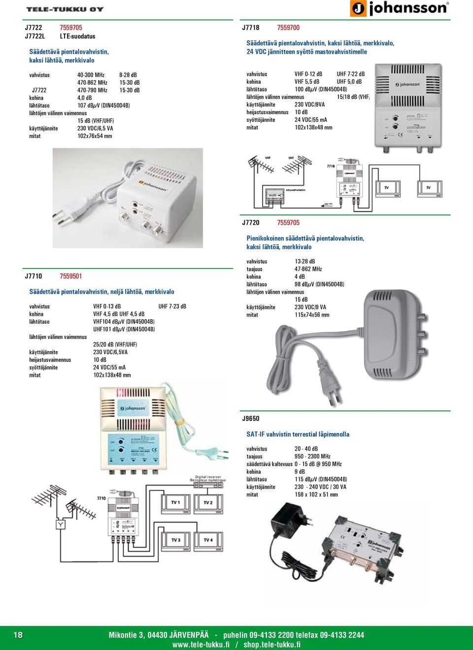 mastovahvistimelle VHF 0-12 db UHF 7-22 db kohina VHF 5,5 db UHF 5,0 db lähtötaso 100 dbµv (DIN45004B) lähtöjen välinen vaimennus 15/18 db (VHF/UHF) käyttöjännite 230 VDC/9VA heijastusvaimennus 10 db