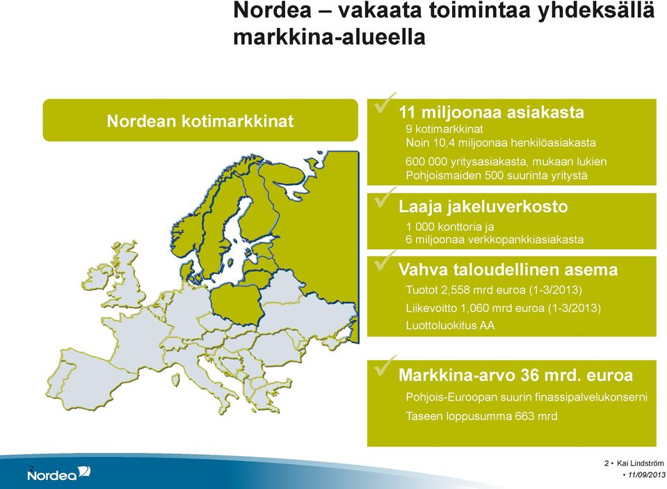 konttoria ja 6 miljoonaa verkkopankkiasiakasta ü Vahva taloudellinen asema Tuotot 2,558 mrd euroa (1-3/2013) Liikevoitto 1,060 mrd