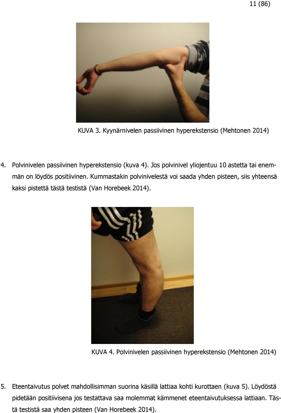 Kummastakin polvinivelestä voi saada yhden pisteen, siis yhteensä kaksi pistettä tästä testistä (Van Horebeek 204). KUVA 4.