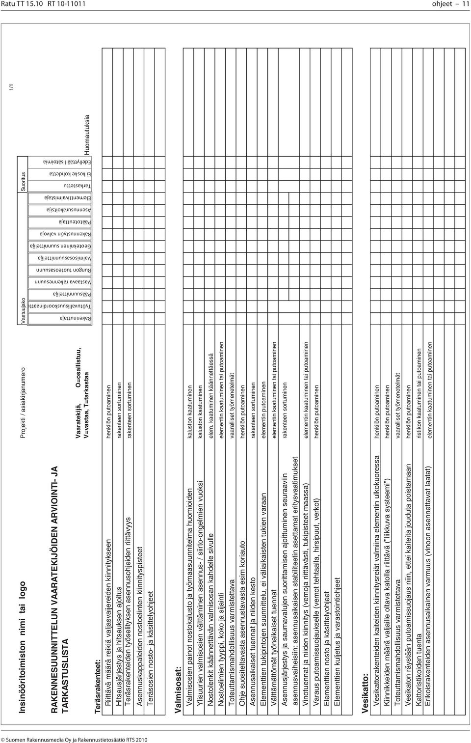 V=vastaa, T=tarkastaa Huomautuksia 1/1 Rakennuttaja Työtuvallisuuskoordinaatto Pääsuunnittelija Vastaava rakennesuunn Rungon tuoteosasuunn Valmisosasuunnittelija Geotekninen suunnittelija