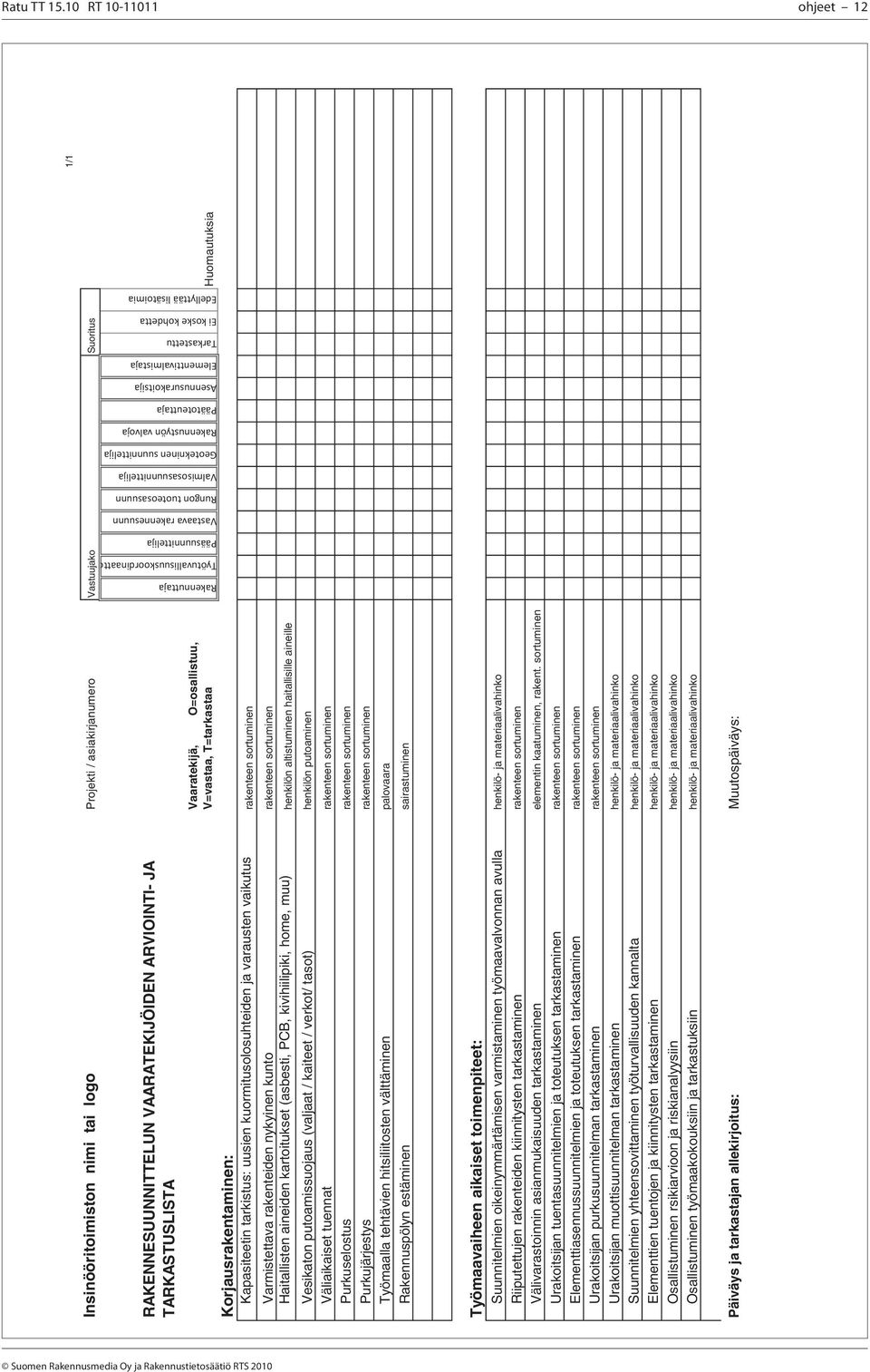 V=vastaa, T=tarkastaa Huomautuksia 1/1 Rakennuttaja Työtuvallisuuskoordinaatto Pääsuunnittelija Vastaava rakennesuunn Rungon tuoteosasuunn Valmisosasuunnittelija Geotekninen suunnittelija
