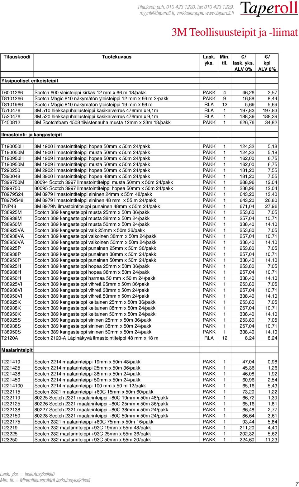 hiekkapuhallusteippi käsikaiverrus 476mm x 9,1m RLA 1 197,83 197,83 T520476 3M 520 hiekkapuhallusteippi käsikaiverrus 476mm x 9,1m RLA 1 188,39 188,39 T450812 3M Scotchfoam 4508 tiivistenauha musta