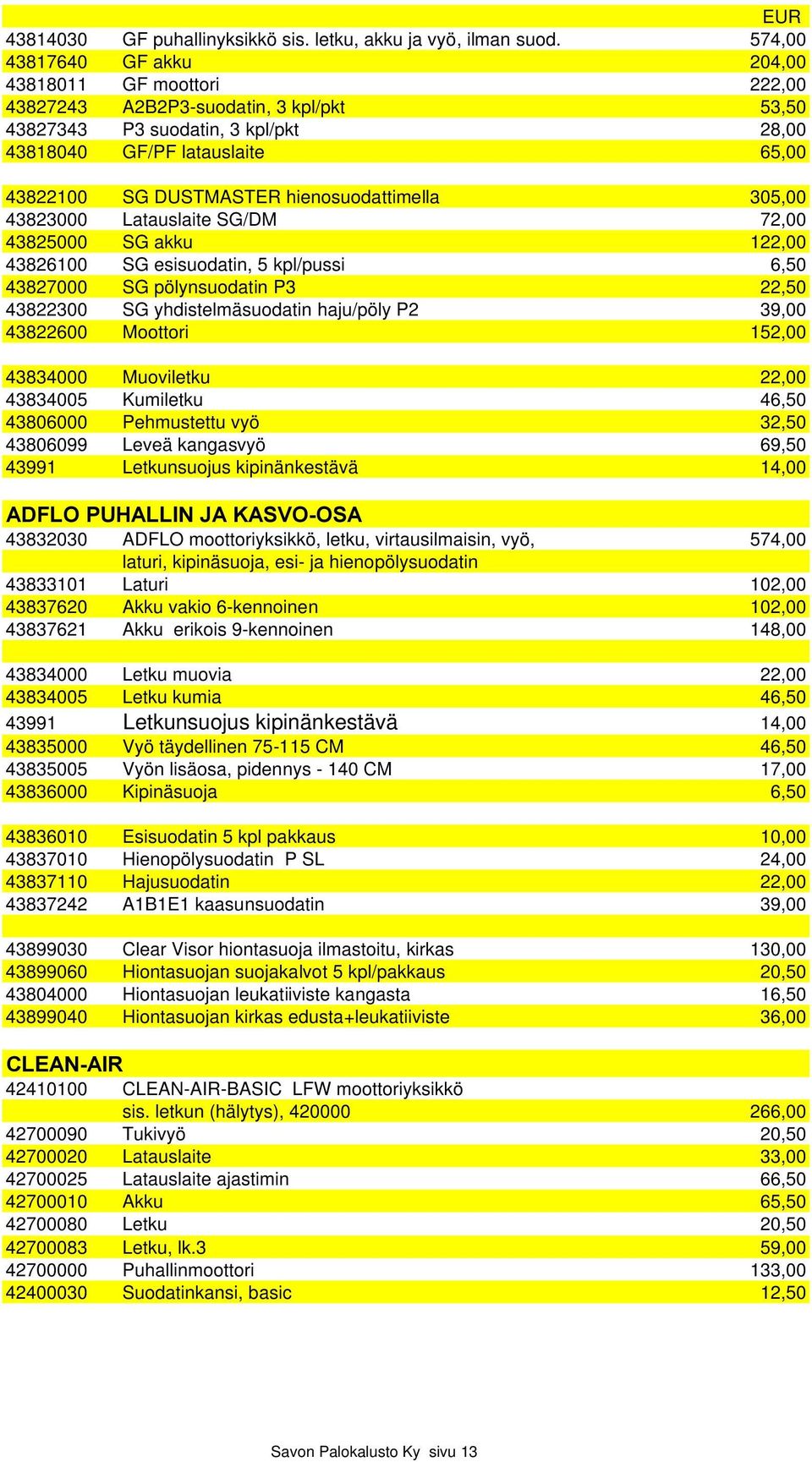 hienosuodattimella 305,00 43823000 Latauslaite SG/DM 72,00 43825000 SG akku 122,00 43826100 SG esisuodatin, 5 kpl/pussi 6,50 43827000 SG pölynsuodatin P3 22,50 43822300 SG yhdistelmäsuodatin