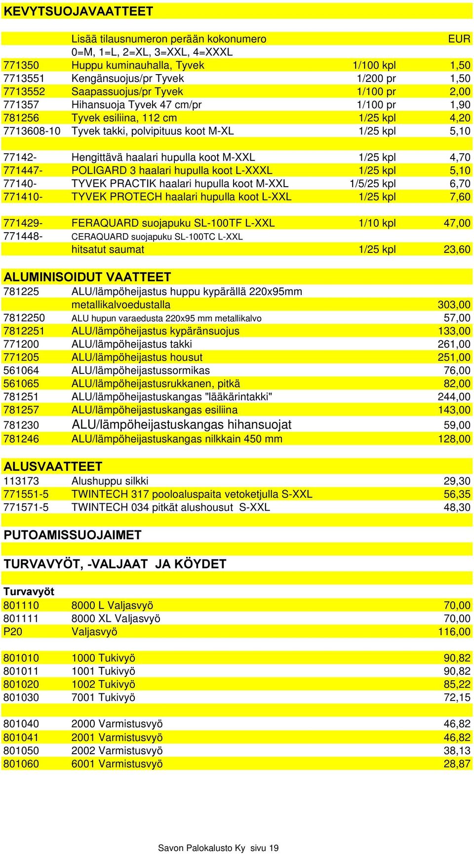 Hengittävä haalari hupulla koot M-XXL 1/25 kpl 4,70 771447- POLIGARD 3 haalari hupulla koot L-XXXL 1/25 kpl 5,10 77140- TYVEK PRACTIK haalari hupulla koot M-XXL 1/5/25 kpl 6,70 771410- TYVEK PROTECH