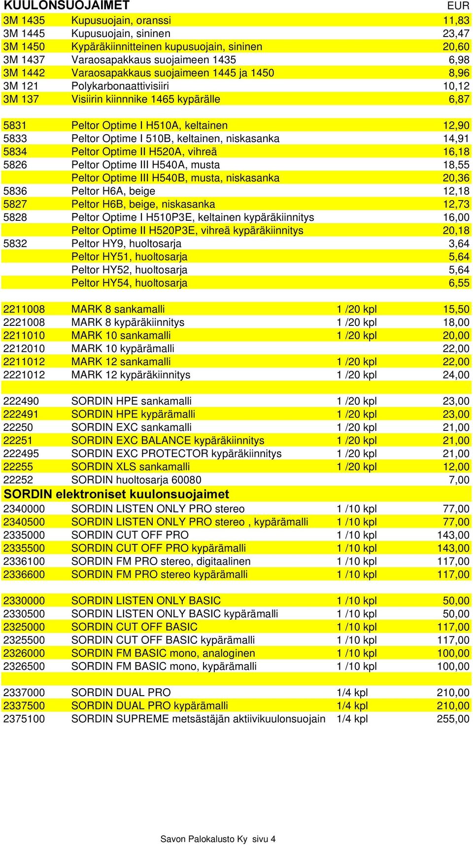 keltainen, niskasanka 14,91 5834 Peltor Optime II H520A, vihreä 16,18 5826 Peltor Optime III H540A, musta 18,55 Peltor Optime III H540B, musta, niskasanka 20,36 5836 Peltor H6A, beige 12,18 5827