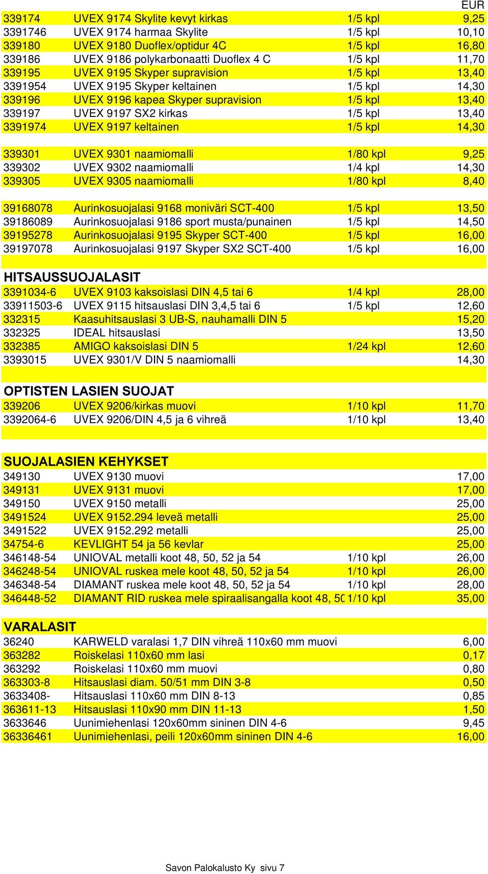 1/5 kpl 13,40 3391974 UVEX 9197 keltainen 1/5 kpl 14,30 339301 UVEX 9301 naamiomalli 1/80 kpl 9,25 339302 UVEX 9302 naamiomalli 1/4 kpl 14,30 339305 UVEX 9305 naamiomalli 1/80 kpl 8,40 39168078