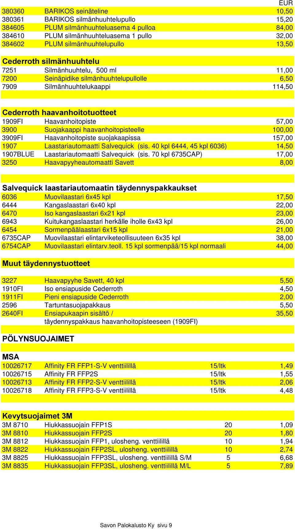 Haavanhoitopiste 57,00 3900 Suojakaappi haavanhoitopisteelle 100,00 3909FI Haavanhoitopiste suojakaapissa 157,00 1907 Laastariautomaatti Salvequick (sis.