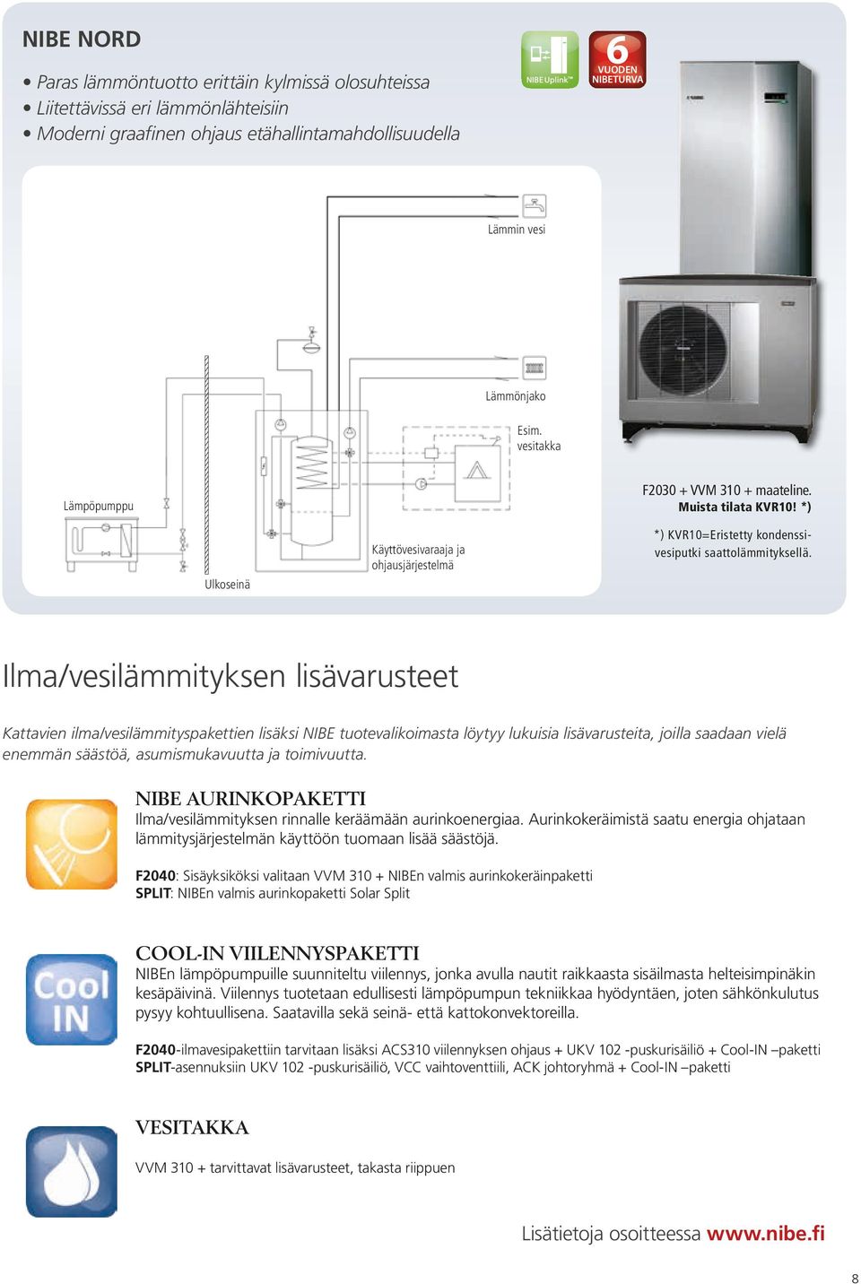 Ilma/vesilämmityksen lisävarusteet Kattavien ilma/vesilämmityspakettien lisäksi NIBE tuotevalikoimasta löytyy lukuisia lisävarusteita, joilla saadaan vielä enemmän säästöä, asumismukavuutta ja