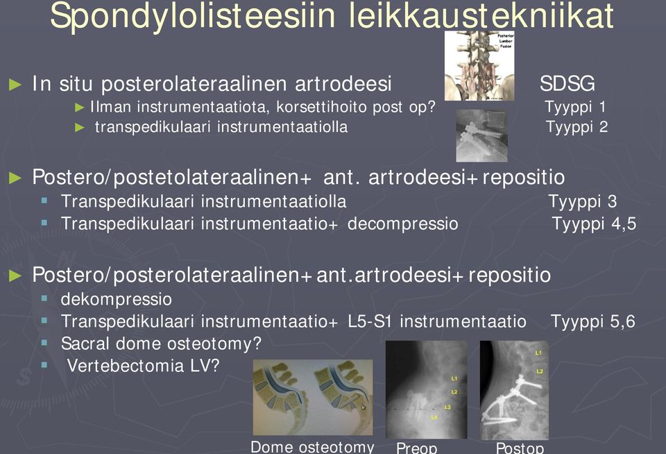 artrodeesi+repositio Transpedikulaari instrumentaatiolla Tyyppi 3 Transpedikulaari instrumentaatio+ decompressio Tyyppi 4,5