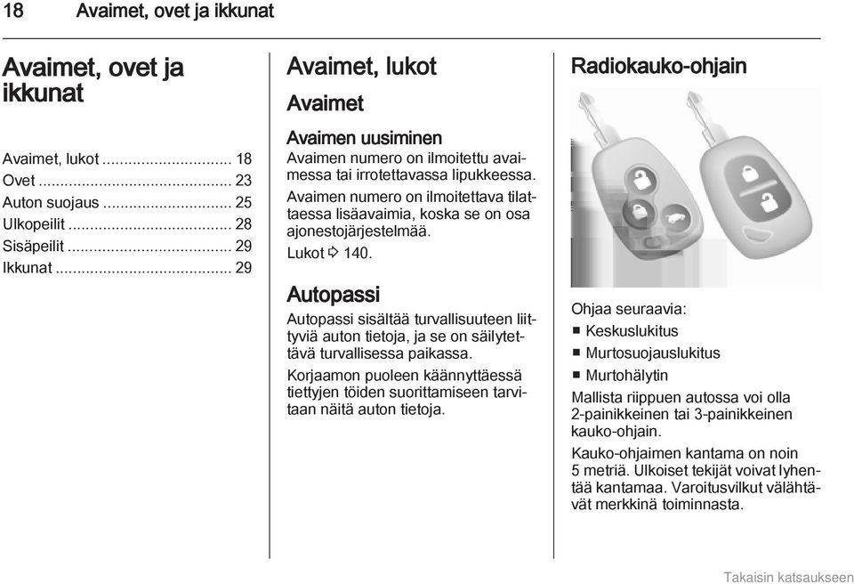 Avaimen numero on ilmoitettava tilattaessa lisäavaimia, koska se on osa ajonestojärjestelmää. Lukot 3 140.