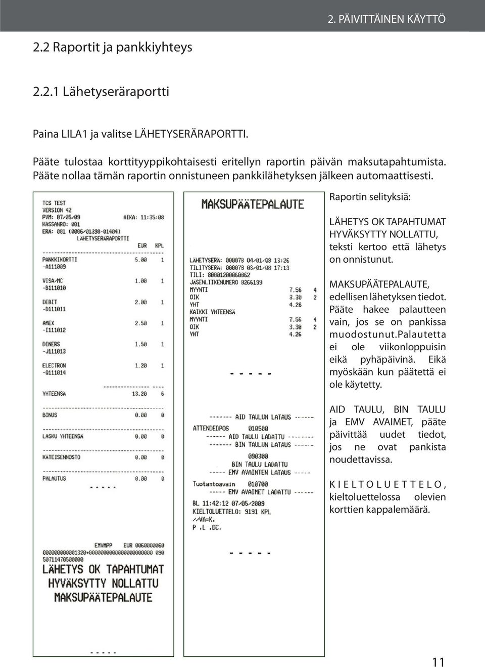 Raportin selityksiä: LÄHETYS OK TAPAHTUMAT HYVÄKSYTTY NOLLATTU, teksti kertoo että lähetys on onnistunut. MAKSUPÄÄTEPALAUTE, edellisen lähetyksen tiedot.