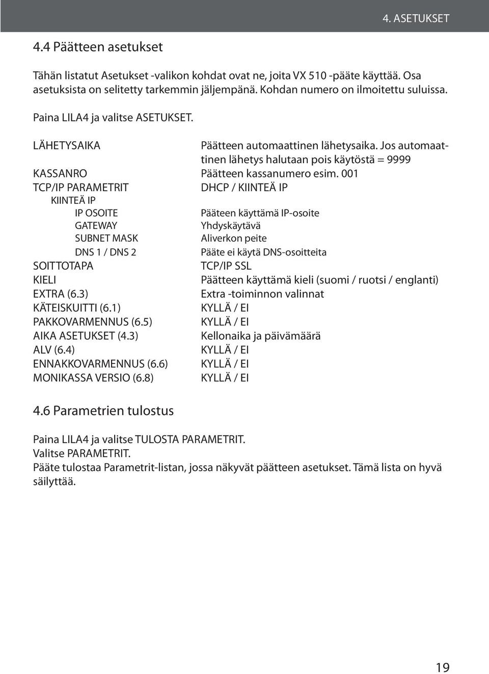 Jos automaattinen lähetys halutaan pois käytöstä = 9999 KASSANRO Päätteen kassanumero esim.