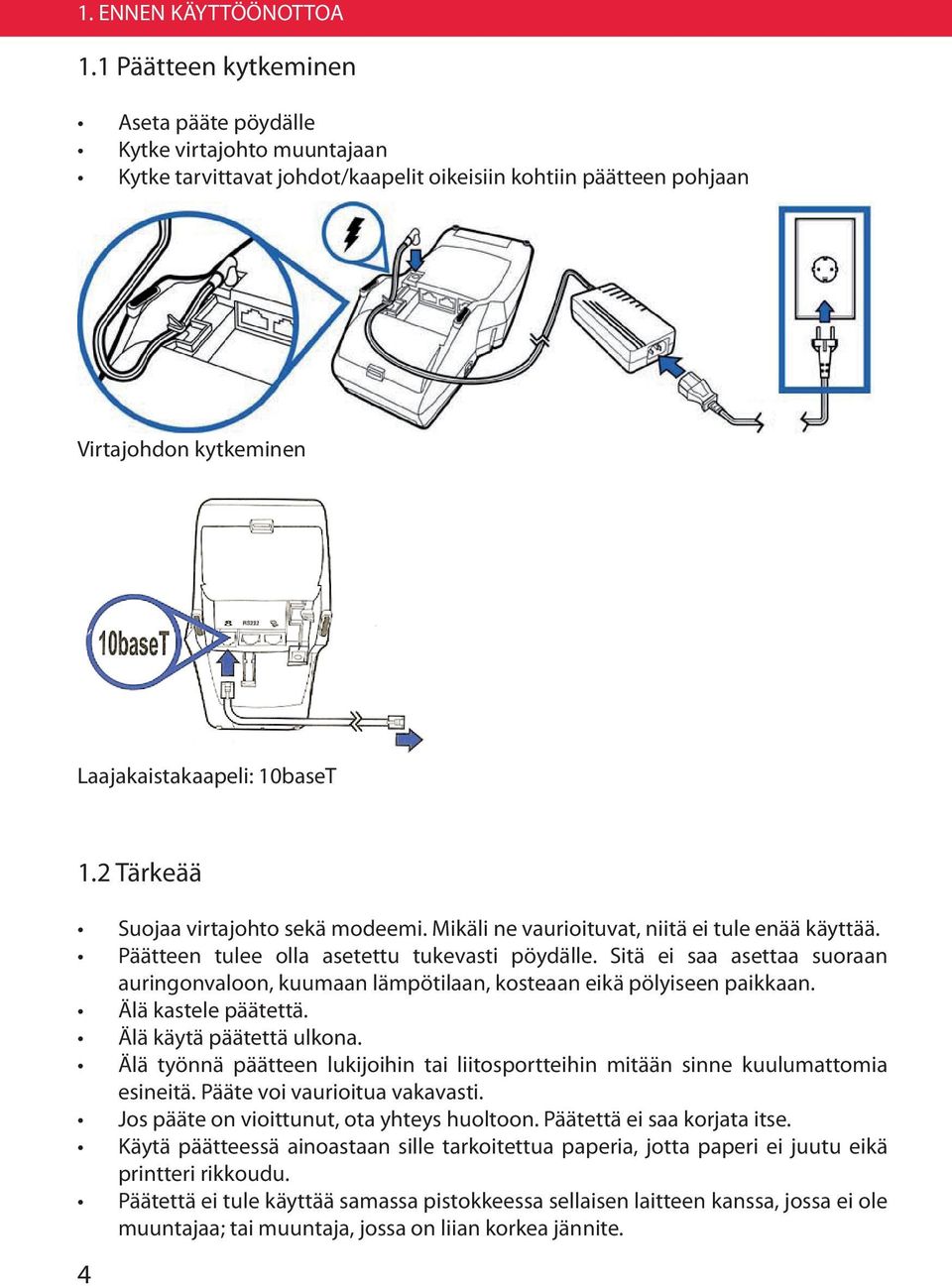2 Tärkeää Suojaa virtajohto sekä modeemi. Mikäli ne vaurioituvat, niitä ei tule enää käyttää. Päätteen tulee olla asetettu tukevasti pöydälle.