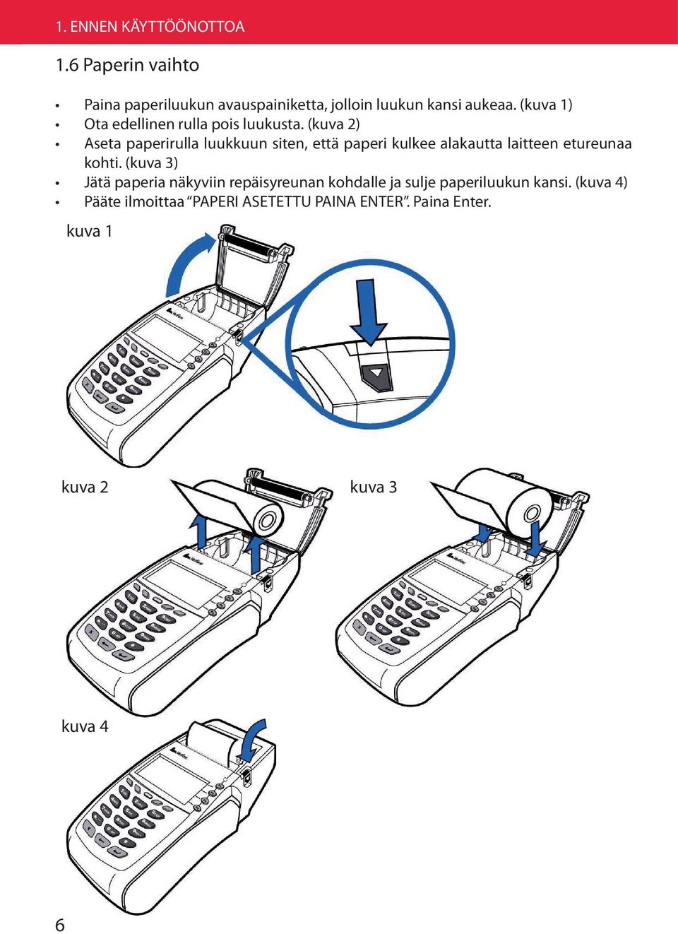 (kuva 2) Aseta paperirulla luukkuun siten, että paperi kulkee alakautta laitteen etureunaa kohti.