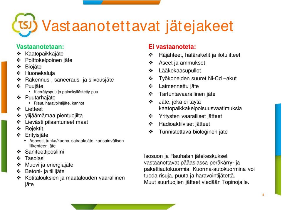 Tasolasi Muovi ja energiajäte Betoni- ja tiilijäte Kotitalouksien ja maatalouden vaarallinen jäte Ei vastaanoteta: Räjähteet, hätäraketit ja ilotulitteet Aseet ja ammukset Lääkekaasupullot