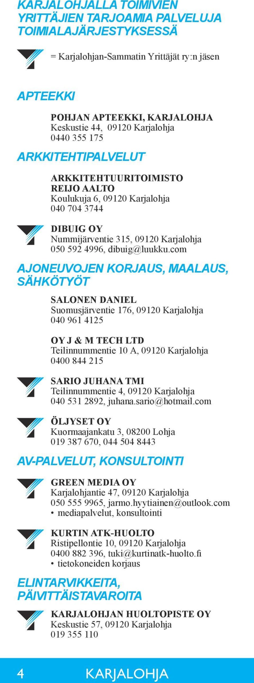 com AJONEUVOJEN KORJAUS, MAALAUS, SÄHKÖTYÖT SALONEN DANIEL Suomusjärventie 176, 09120 Karjalohja 040 961 4125 OY J & M TECH LTD Teilinnummentie 10 A, 09120 Karjalohja 0400 844 215 SARIO JUHANA TMI