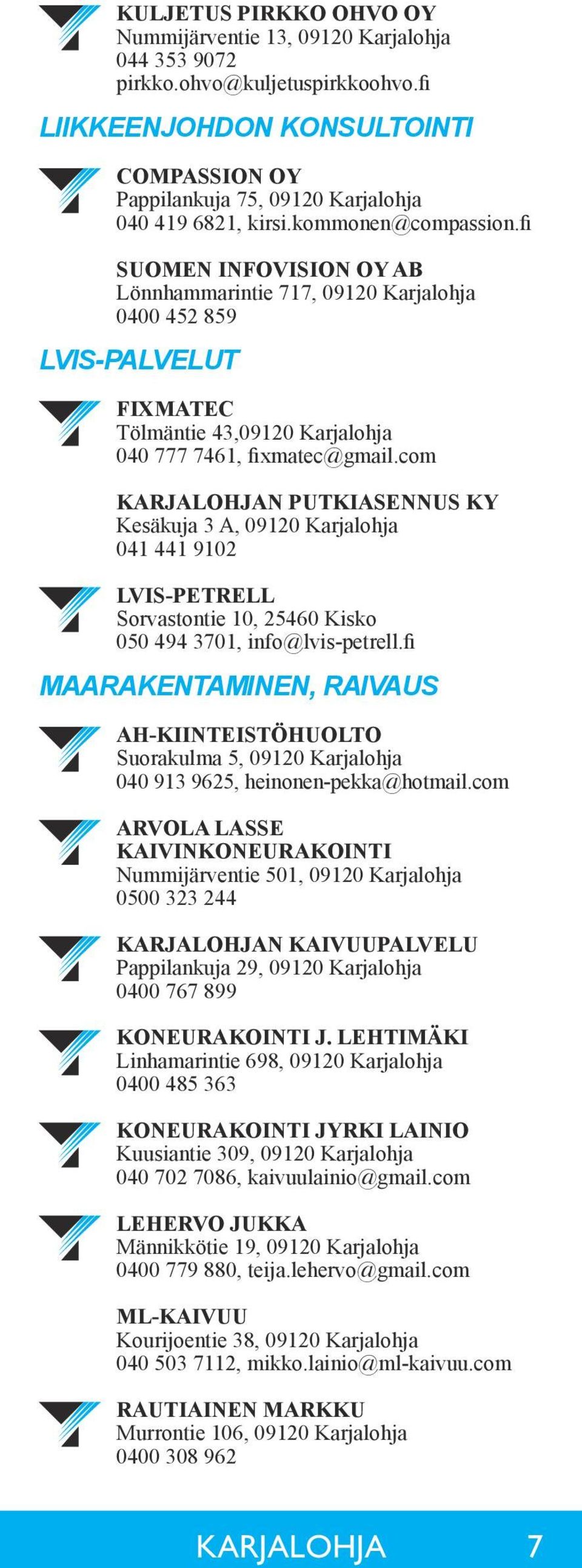 fi SUOMEN INFOVISION OY AB Lönnhammarintie 717, 09120 Karjalohja 0400 452 859 LVIS-PALVELUT FIXMATEC Tölmäntie 43,09120 Karjalohja 040 777 7461, fixmatec@gmail.
