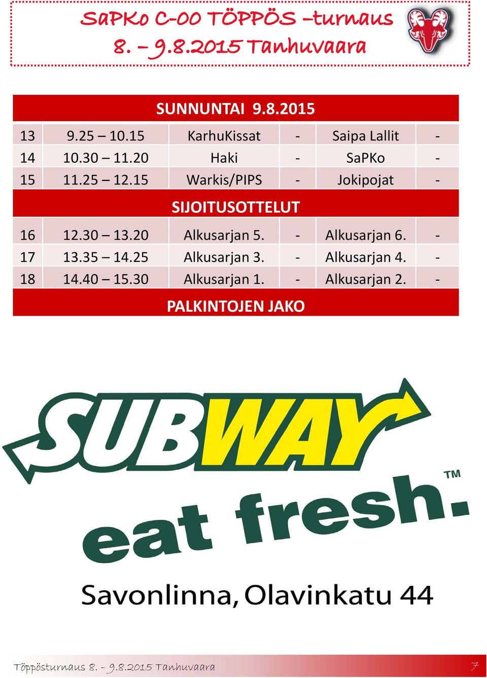 15 Warkis/PIPS Jokipojat SIJOITUSOTTELUT 16 12.30 13.20 Alkusarjan 5.