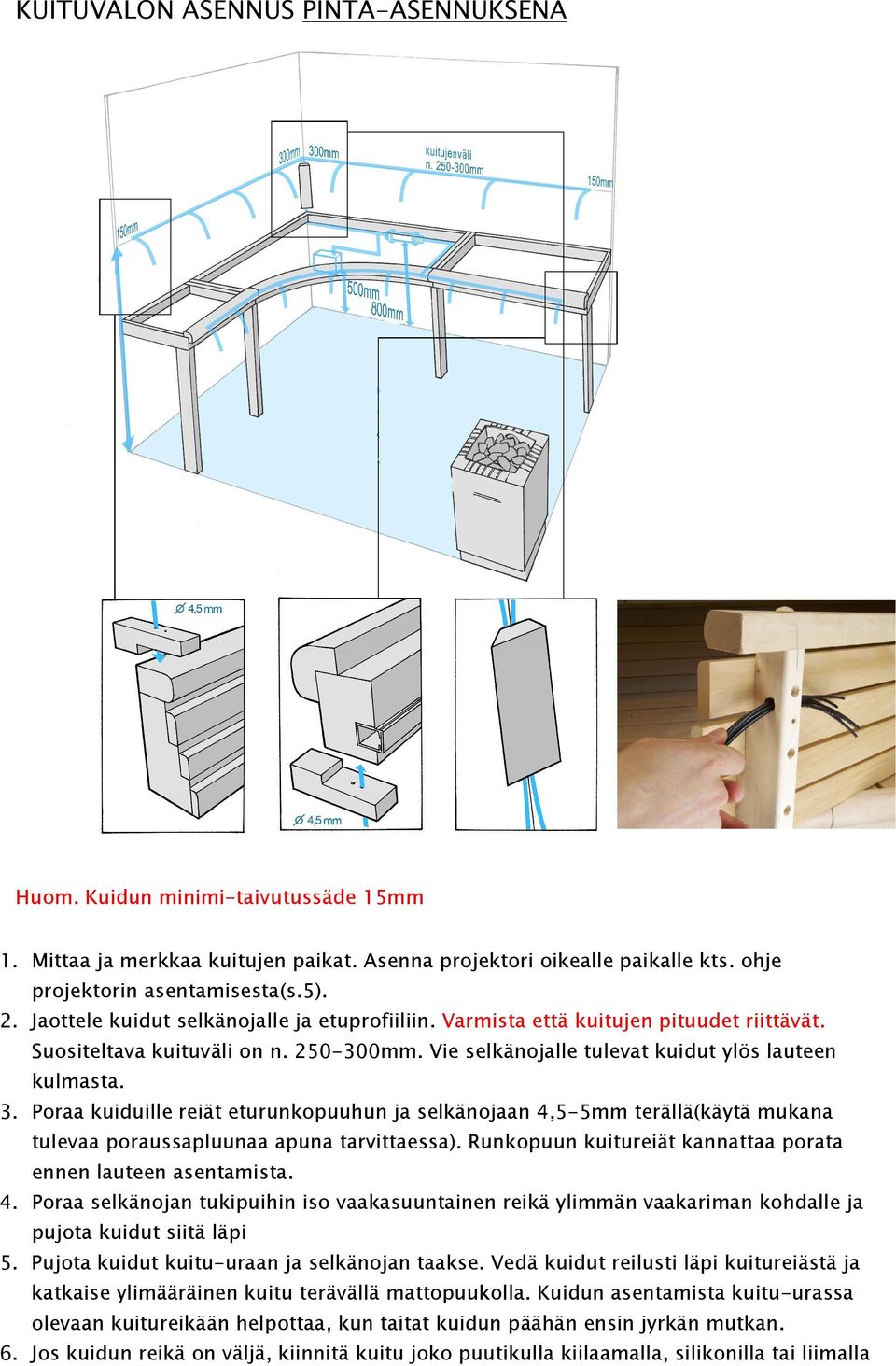 Poraa kuiduille reiät eturunkopuuhun ja selkänojaan 4,5-5mm terällä(käytä mukana tulevaa poraussapluunaa apuna tarvittaessa). Runkopuun kuitureiät kannattaa porata ennen lauteen asentamista. 4. Poraa selkänojan tukipuihin iso vaakasuuntainen reikä ylimmän vaakariman kohdalle ja pujota kuidut siitä läpi 5.