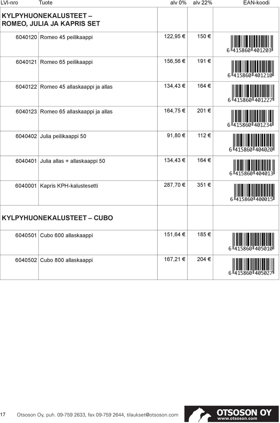 peilikaappi 50 91,80 112 6 415860 404020 6040401 Julia allas + allaskaappi 50 134,43 164 6 415860 404013 6040001 Kapris KPH-kalustesetti 287,70 351 6