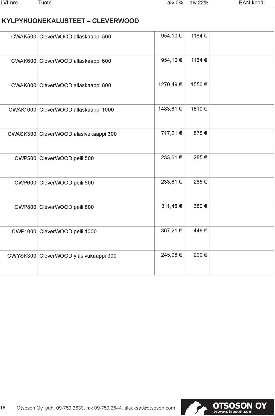 CleverWOOD alasivukaappi 300 717,21 875 CWP500 CleverWOOD peili 500 233,61 285 CWP600 CleverWOOD peili 600 233,61 285