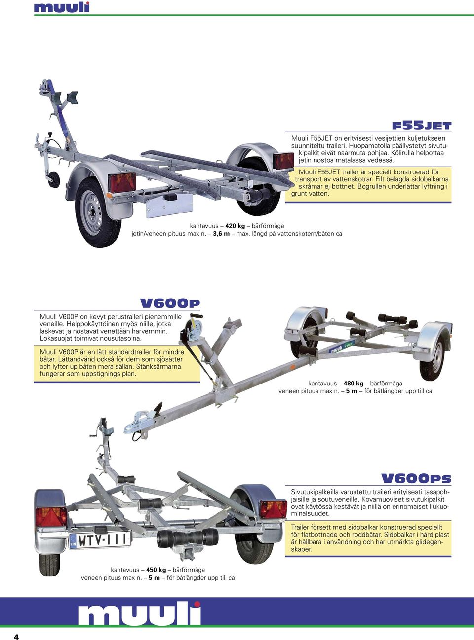 kantavuus 420 kg bärförmåga jetin/veneen pituus max n. 3,6 m max. längd på vattenskotern/båten ca V600P Muuli V600P on kevyt perustraileri pienemmille veneille.