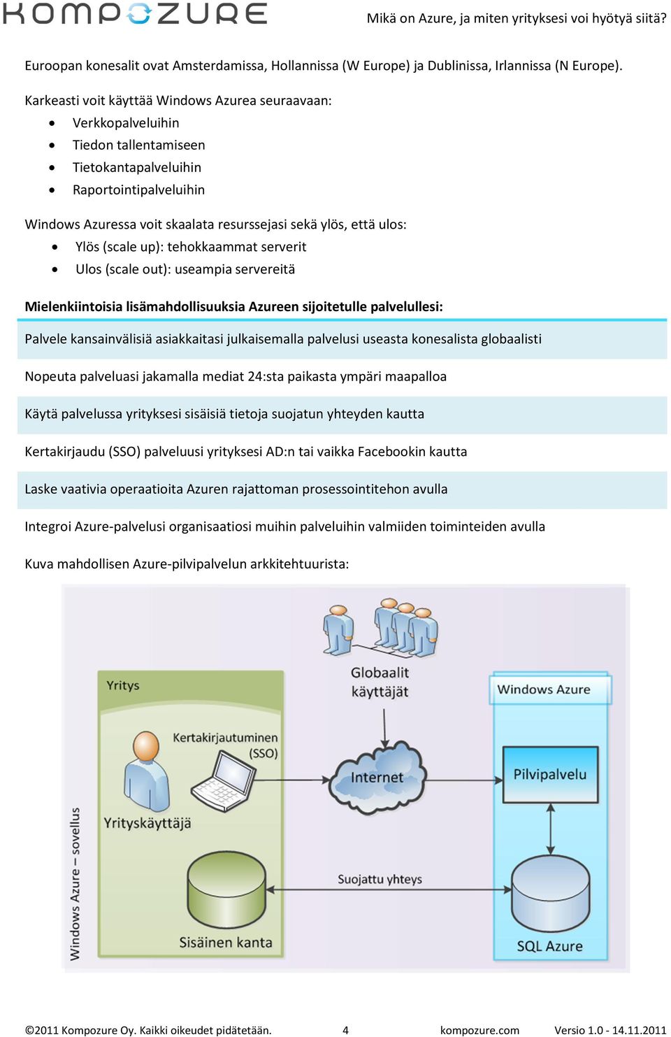 ulos: Ylös (scale up): tehokkaammat serverit Ulos (scale out): useampia servereitä Mielenkiintoisia lisämahdollisuuksia Azureen sijoitetulle palvelullesi: Palvele kansainvälisiä asiakkaitasi