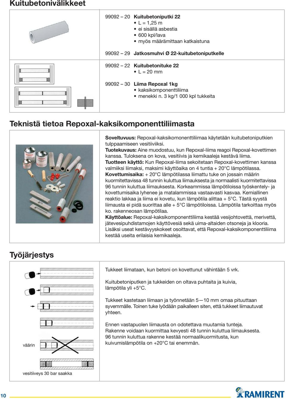 3 kg/1 000 kpl tukkeita Teknistä tietoa Repoxal-kaksikomponenttiliimasta Soveltuvuus: Repoxal-kaksikomonenttiliimaa käytetään kuitubetoniputkien tulppaamiseen vesitiiviiksi.
