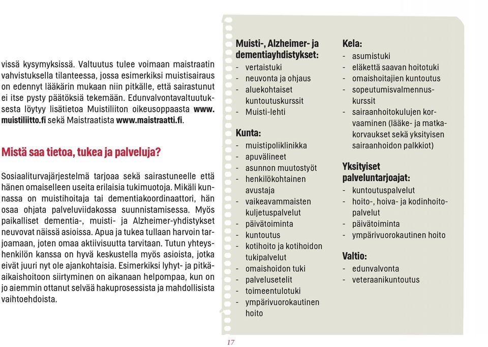 Edunvalvontavaltuutuksesta löytyy lisätietoa Muistiliiton oikeusoppaasta www. muistiliitto.fi sekä Maistraatista www.maistraatti.fi. Mistä saa tietoa, tukea ja palveluja?