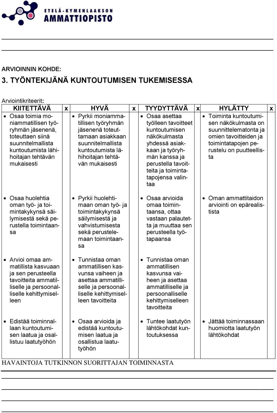 lähihoitajan tehtävän mukaisesti Pyrkii moniammatillisen työryhmän jäsenenä toteuttamaan asiakkaan suunnitelmallista kuntoutumista lähihoitajan tehtävän mukaisesti Osaa asettaa työlleen tavoitteet