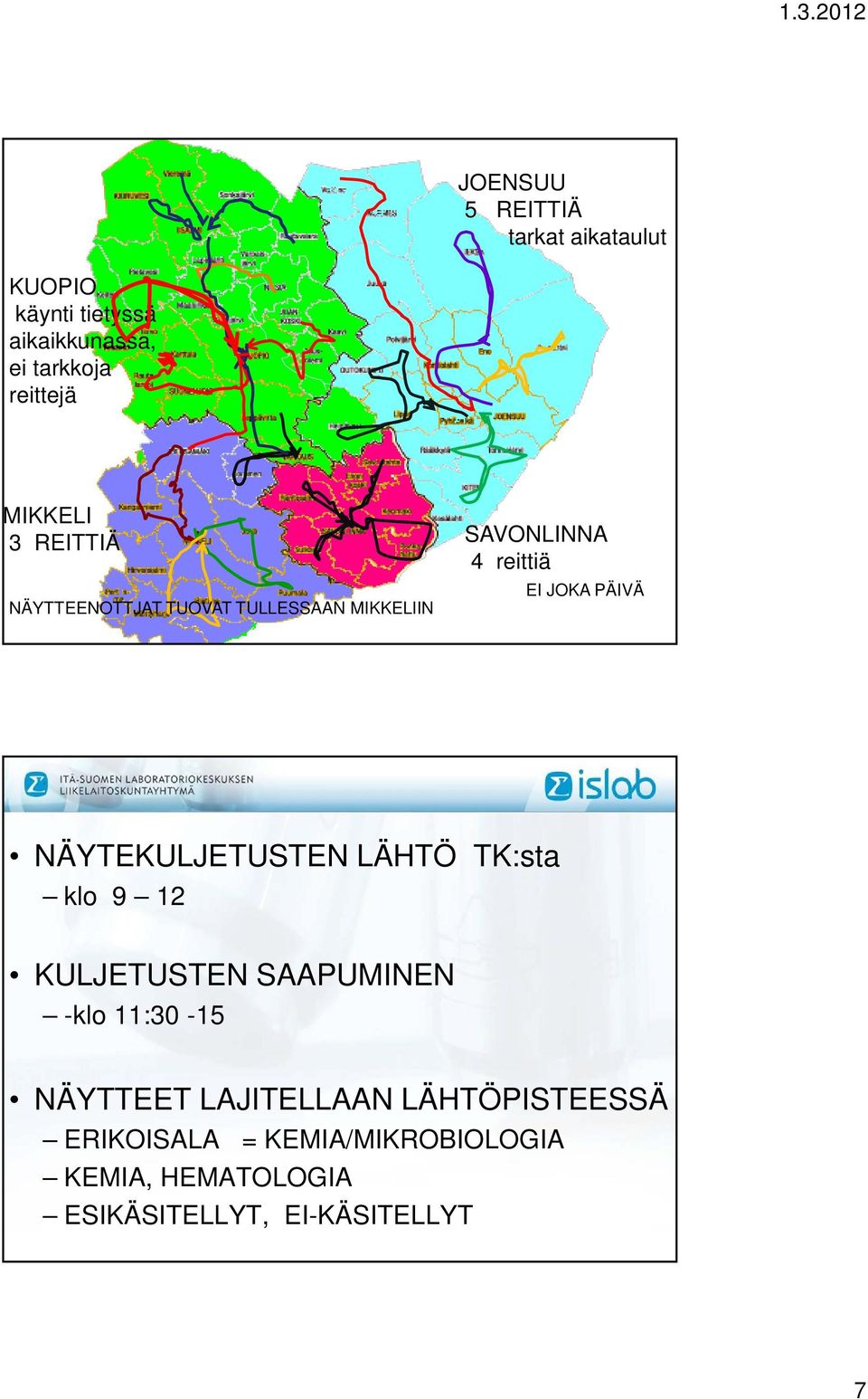 NÄYTEKULJETUSTEN LÄHTÖ TK:sta klo 9 12 KULJETUSTEN SAAPUMINEN -klo 11:30-15 NÄYTTEET LAJITELLAAN