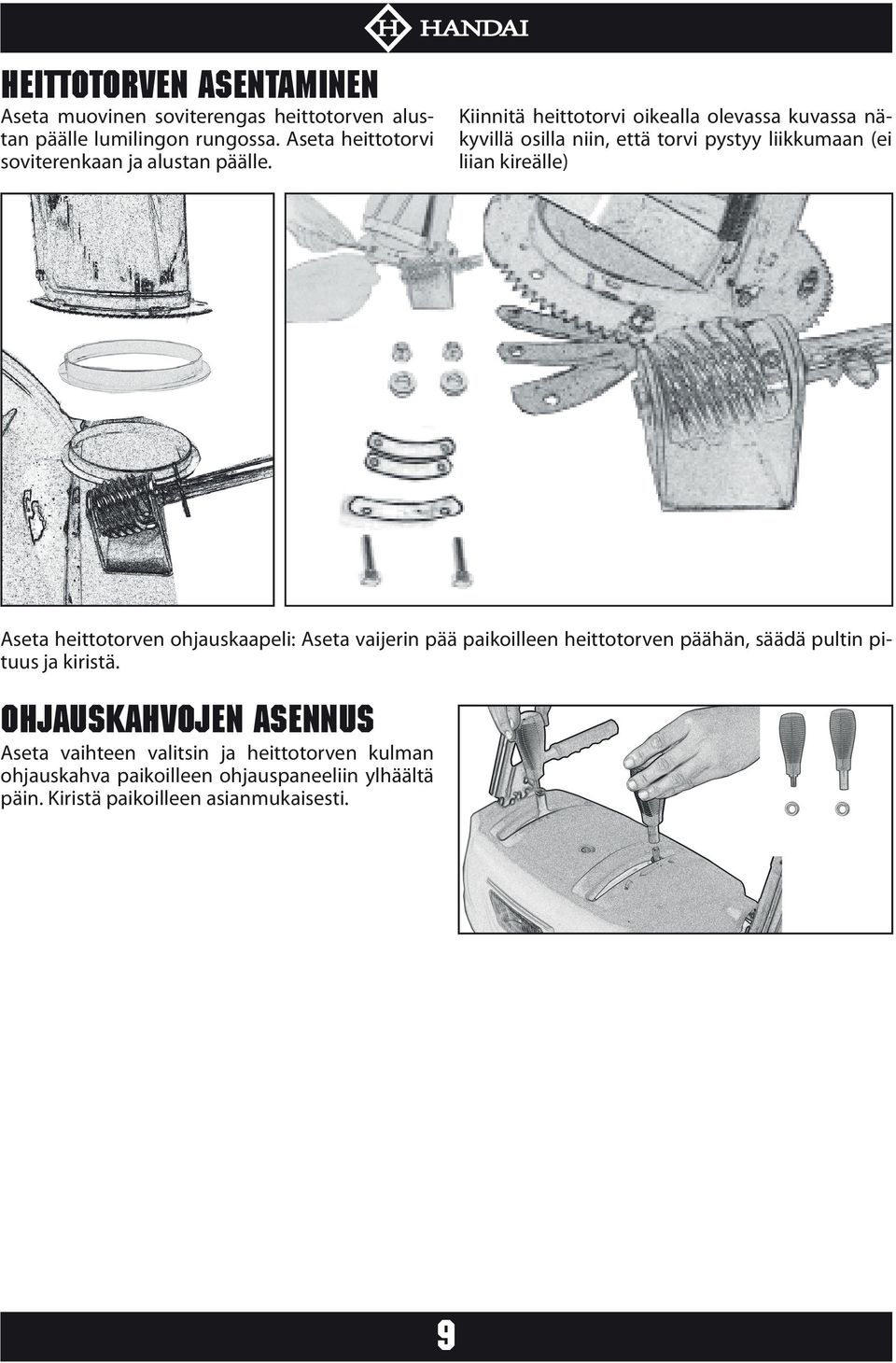 Kiinnitä heittotorvi oikealla olevassa kuvassa näkyvillä osilla niin, että torvi pystyy liikkumaan (ei liian kireälle) Aseta heittotorven