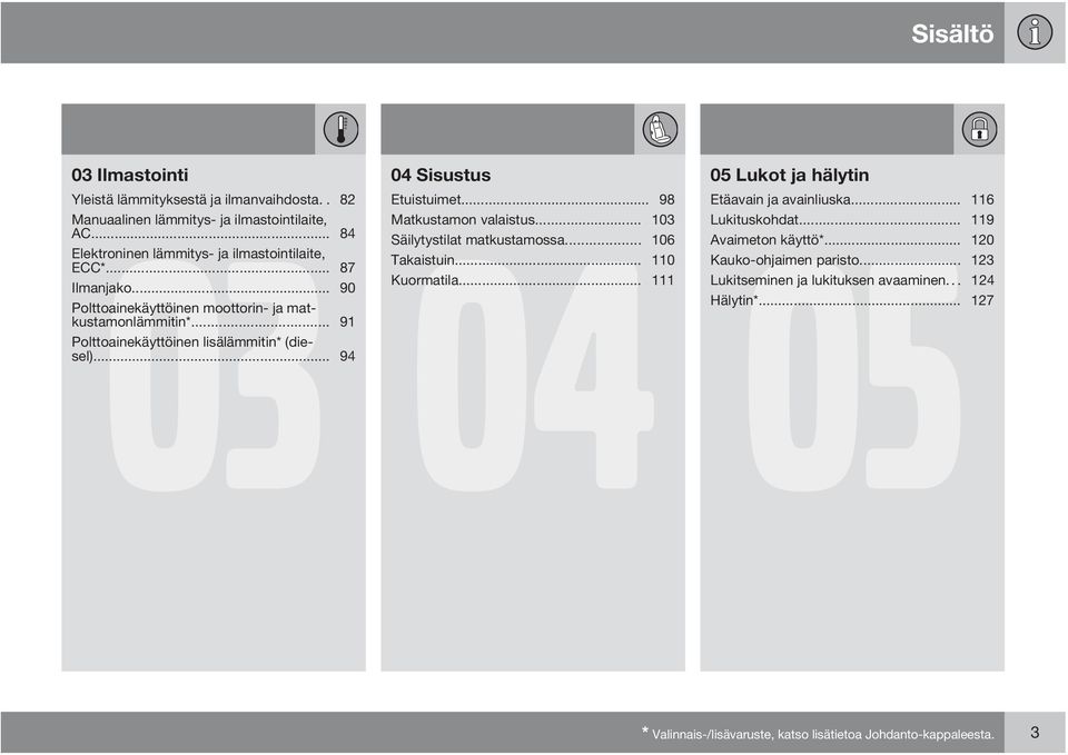 .. 90 Polttoainekäyttöinen moottorin- ja matkustamonlämmitin*... 91 Polttoainekäyttöinen lisälämmitin* (diesel)... 94 05 Lukot ja hälytin 05 Etäavain ja avainliuska.