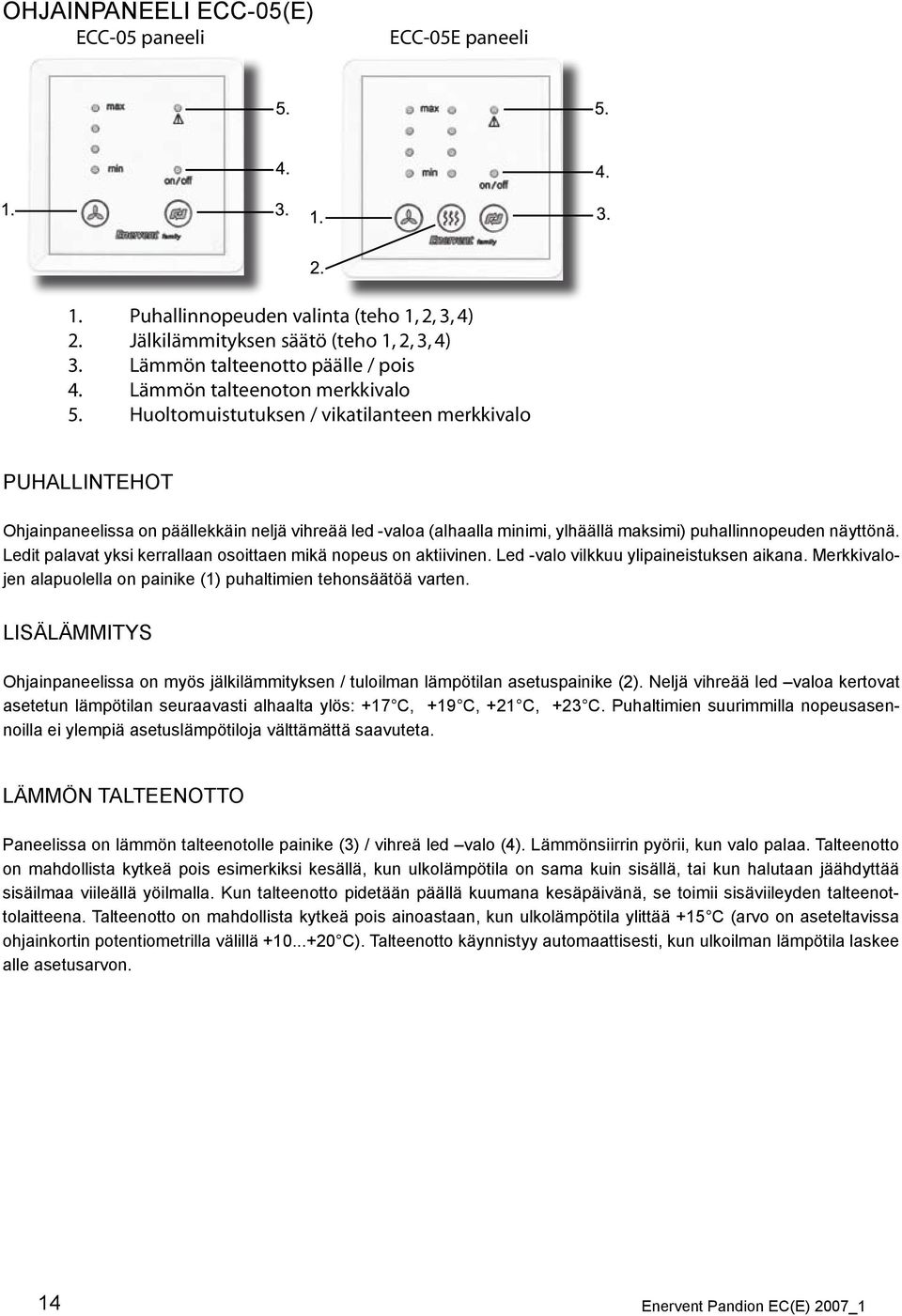 Huoltomuistutuksen / vikatilanteen merkkivalo PUHALLINTEHOT Ohjainpaneelissa on päällekkäin neljä vihreää led -valoa (alhaalla minimi, ylhäällä maksimi) puhallinnopeuden näyttönä.