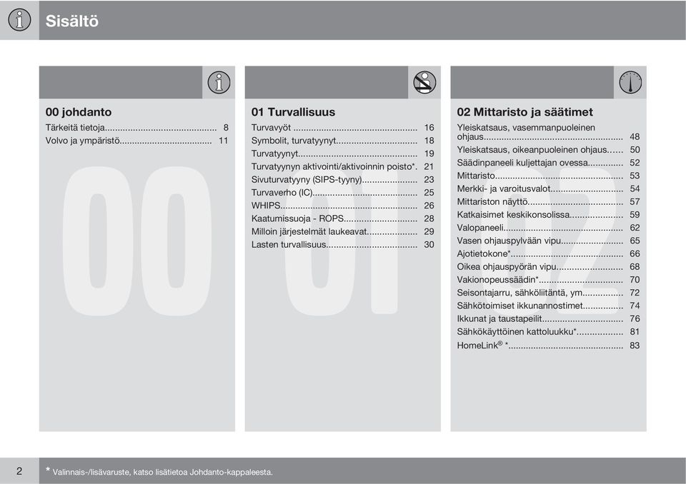 .. 53 Turvaverho (IC)... 25 Merkki- ja varoitusvalot... 54 WHIPS... 26 Mittariston näyttö... 57 Kaatumissuoja - ROPS... 28 Katkaisimet keskikonsolissa... 59 Milloin järjestelmät laukeavat.