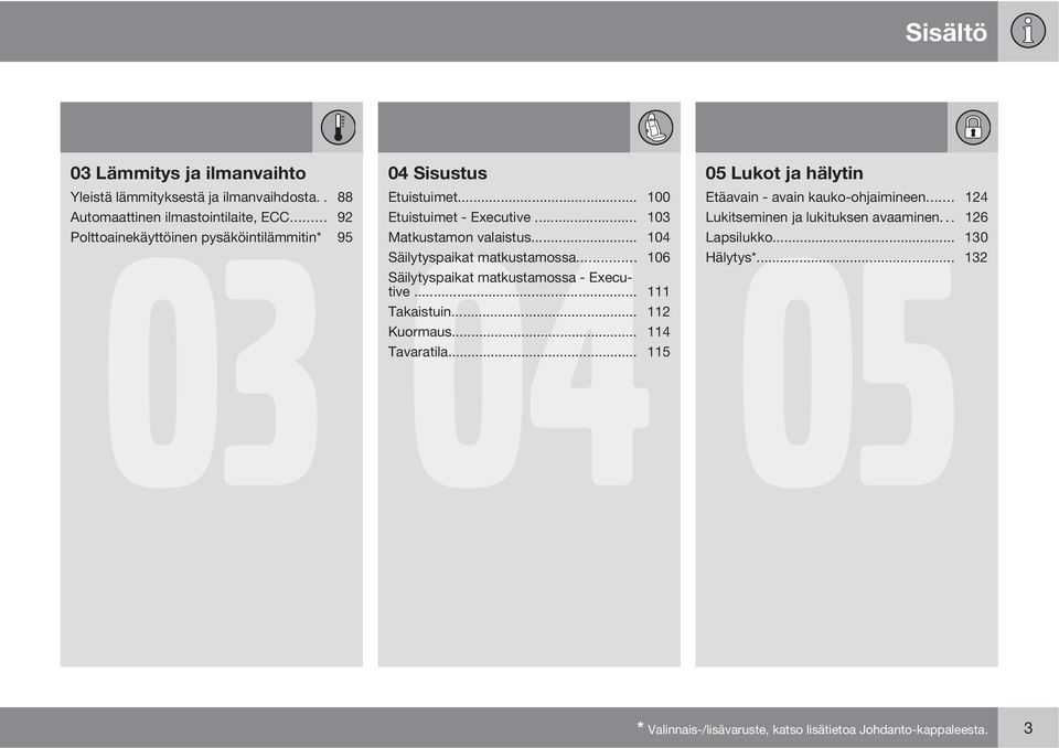 .. 124 Etuistuimet - Executive... 103 Lukitseminen 05 ja lukituksen avaaminen... 126 Matkustamon valaistus... 104 Lapsilukko.