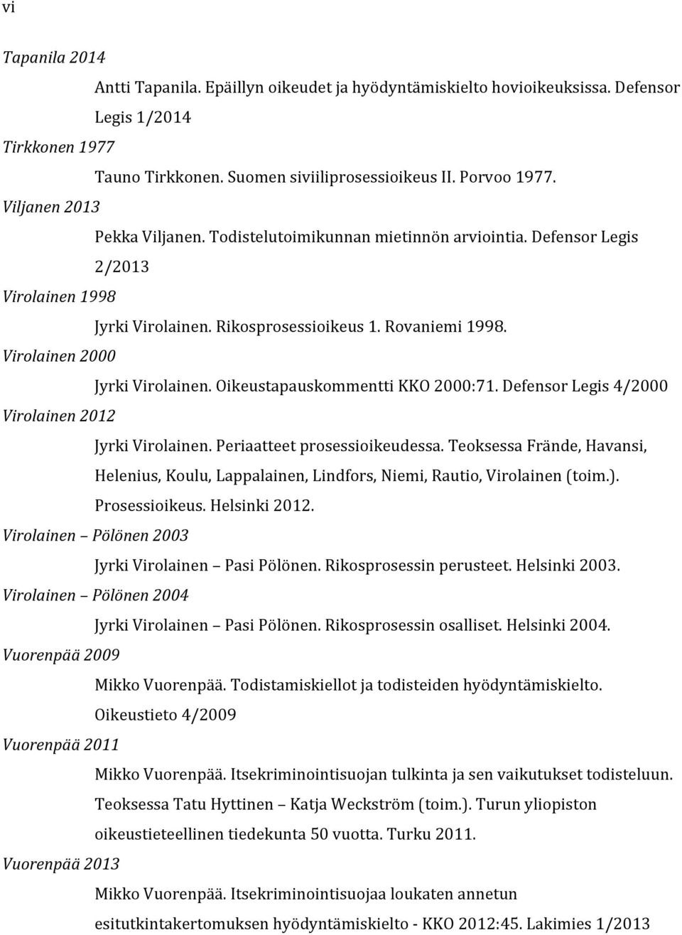 Virolainen 2000 Jyrki Virolainen. Oikeustapauskommentti KKO 2000:71. Defensor Legis 4/2000 Virolainen 2012 Jyrki Virolainen. Periaatteet prosessioikeudessa.