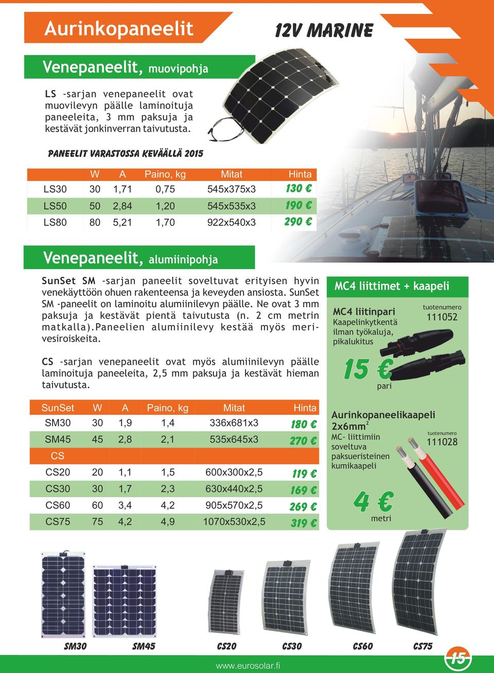 paneelit soveltuvat erityisen hyvin venekäyttöön ohuen rakenteensa ja keveyden ansiosta. SunSet SM -paneelit on laminoitu alumiinilevyn päälle. Ne ovat 3 mm paksuja ja kestävät pientä taivutusta (n.