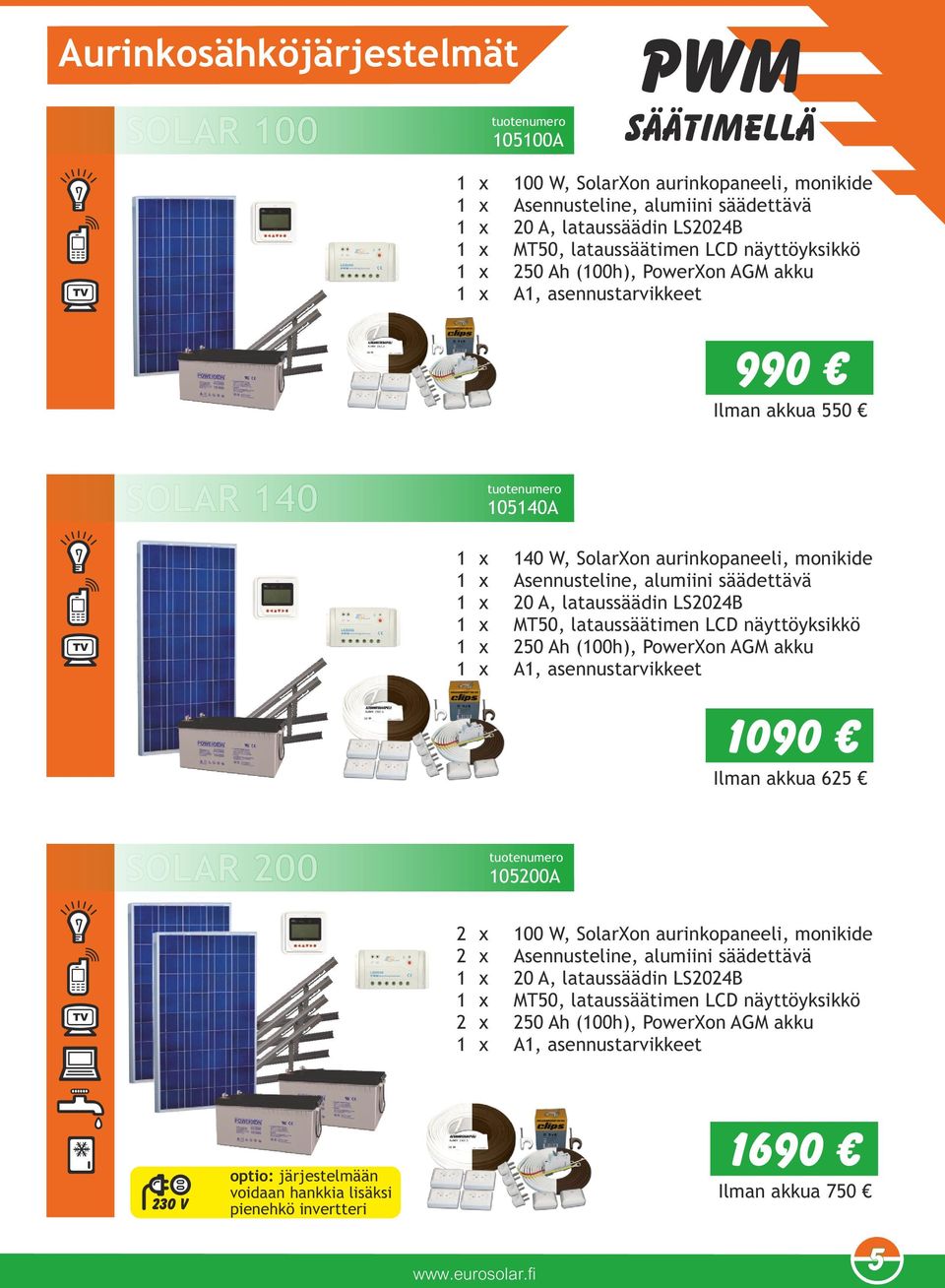 x 0 A, lataussäädin LS04B 1 x MT50, lataussäätimen LCD näyttöyksikkö 1 x 50 Ah (100h), PowerXon AGM akku 1 x A1, asennustarvikkeet 1090 Ilman akkua 65 SOLAR 00 10500A x 100 W, SolarXon