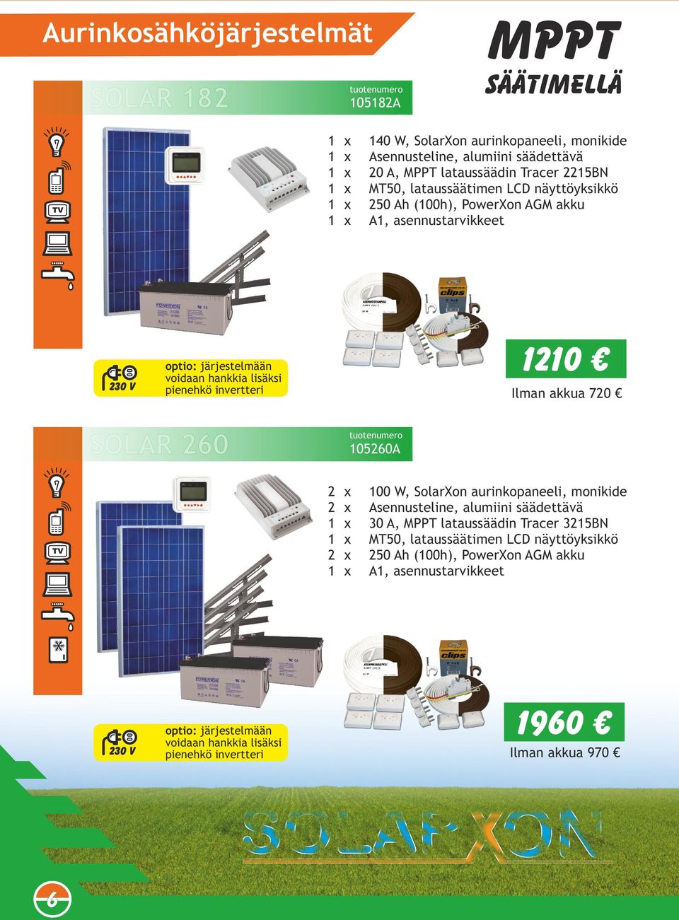 Ilman akkua 70 SOLAR 60 10560A x 100 W, SolarXon aurinkopaneeli, monikide x Asennusteline, alumiini säädettävä 1 x 30 A, MPPT lataussäädin Tracer 315BN 1 x MT50, lataussäätimen