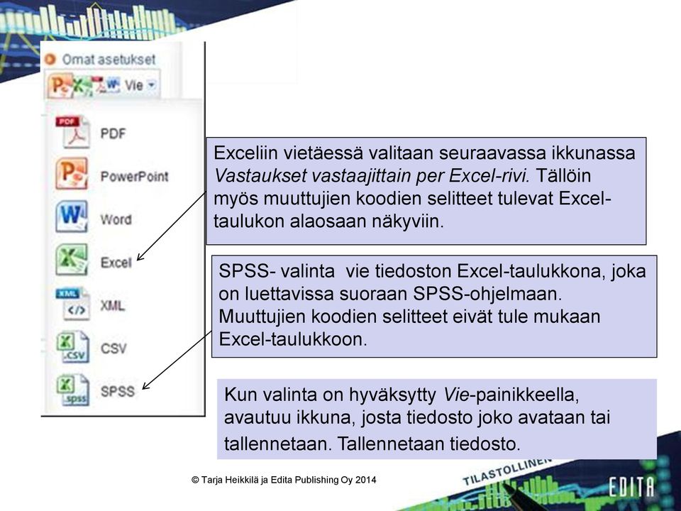 SPSS- valinta vie tiedoston Excel-taulukkona, joka on luettavissa suoraan SPSS-ohjelmaan.