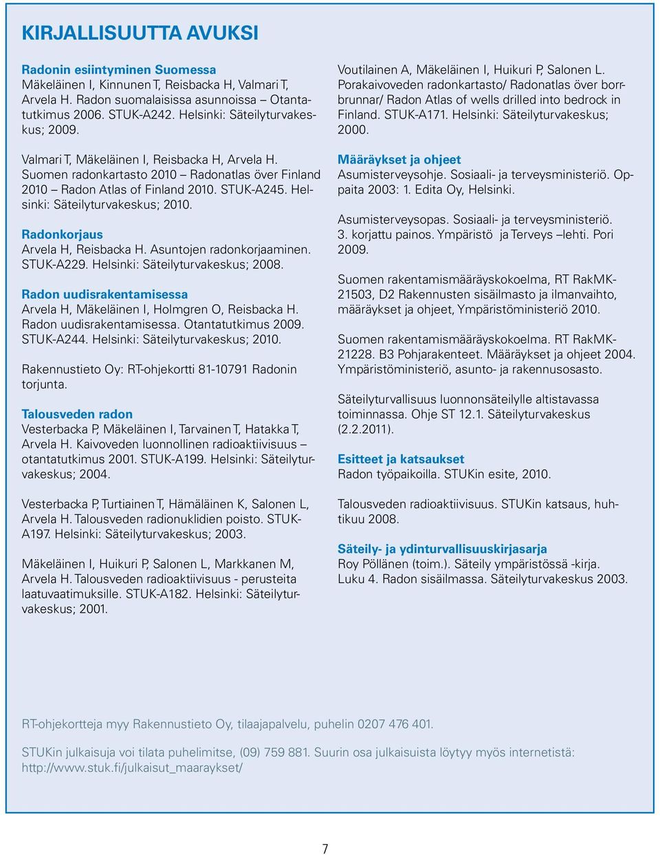 Helsinki: Säteilyturvakeskus; 2010. Radonkorjaus Arvela H, Reisbacka H. Asuntojen radonkorjaaminen. STUK-A229. Helsinki: Säteilyturvakeskus; 2008.
