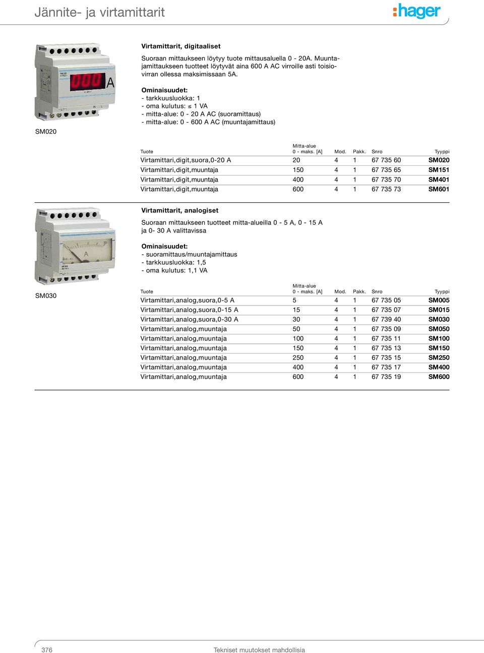 SM020 - tarkkuusluokka: 1 - oma kulutus: 1 VA - mitta-alue: 0-20 A AC (suoramittaus) - mitta-alue: 0-600 A AC (muuntajamittaus) Tuote Mitta-alue 0 - maks. [A] Mod. Pakk.