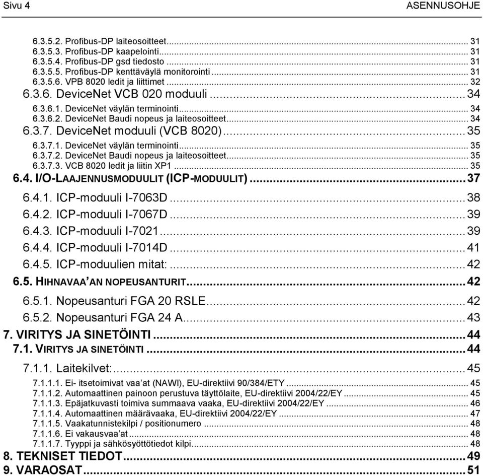 .. 35 6.4. I/O-LAAJENNUSMODUULIT (ICP-MODUULIT)... 37 6.4.1. ICP-moduuli I-7063D... 38 6.4.2. ICP-moduuli I-7067D... 39 6.4.3. ICP-moduuli I-7021... 39 6.4.4. ICP-moduuli I-7014D... 41 6.4.5. ICP-moduulien mitat:.