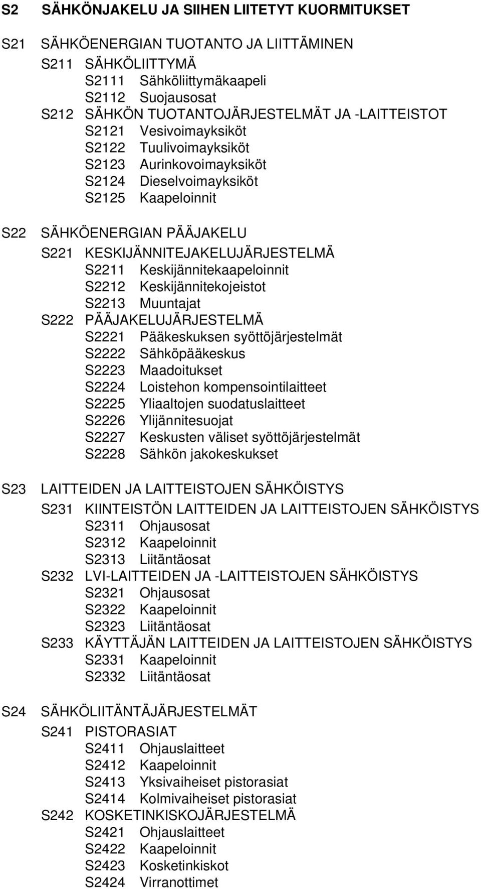 Keskijännitekaapeloinnit S2212 Keskijännitekojeistot S2213 Muuntajat S222 PÄÄJAKELUJÄRJESTELMÄ S2221 Pääkeskuksen syöttöjärjestelmät S2222 Sähköpääkeskus S2223 Maadoitukset S2224 Loistehon