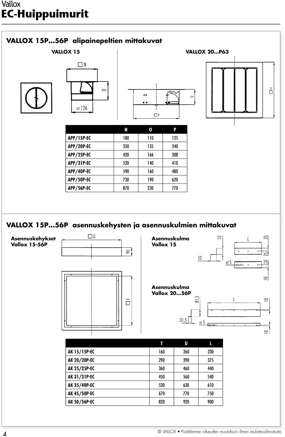 asennuskulmien mittakuvat Asennuskehykset Vallox 5-56P Asennuskulma Vallox 5 Asennuskulma Vallox 20 56P T U L AK 5/5P-EC 60 260 230