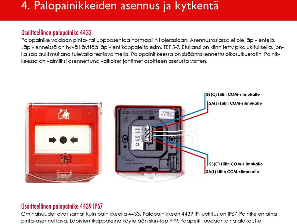 Palopainikkeessa on sisäänrakennettu oikosulkuerotin. Painikkeessa on valmiiksi asennettuna valkoiset johtimet osoitteen asetusta varten.