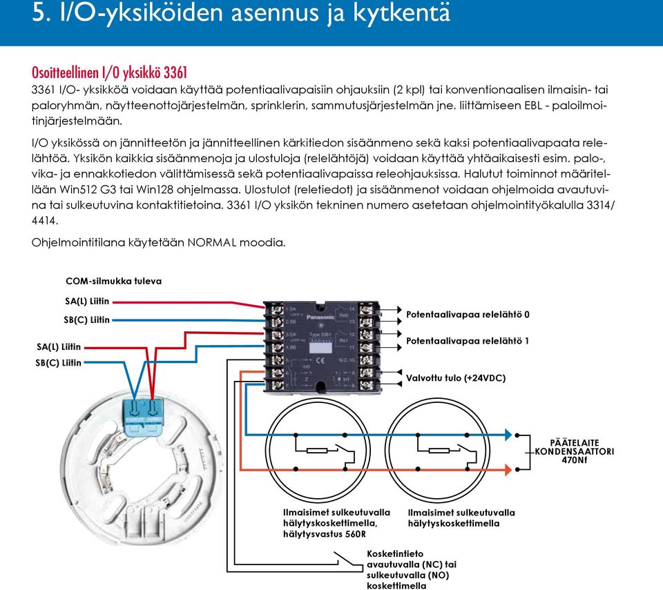 I/O yksikössä on jännitteetön ja jännitteellinen kärkitiedon sisäänmeno sekä kaksi potentiaalivapaata relelähtöä.