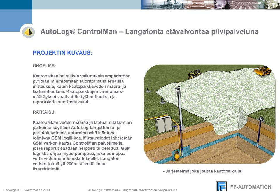 RATKAISU: Kaatopaikan veden määrää ja laatua mitataan eri paikoista käyttäen AutoLog langattomia- ja paristokäyttöisiä antureita sekä isäntänä toimivaa GSM logiikkaa.